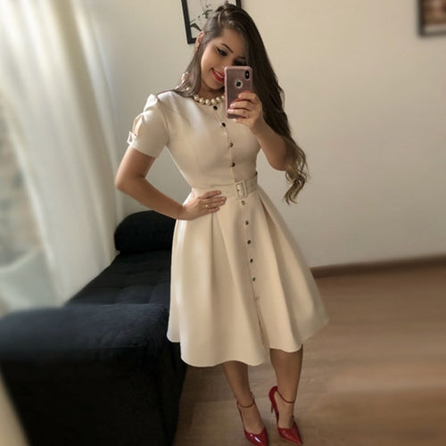 2019 Front Buttons Dress Short Sleeve Women Pleated Dresses Fashion Vintage midi vestidos Casual