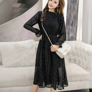 Women chiffon dress 2019 spring autumn female elegant vintage long sleeve dot pleated dress office lady casual loose dresses