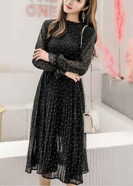 Women chiffon dress 2019 spring autumn female elegant vintage long sleeve dot pleated dress office lady casual loose dresses