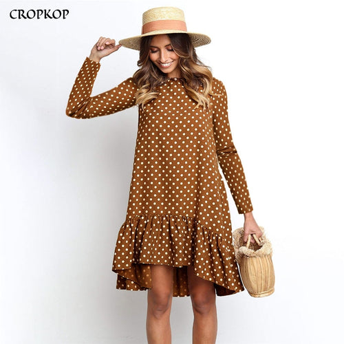 Women Autumn Dress Fashion Polka Dot Chiffon Dress Long Sleeve O Neck Ruffle Female Casual Yellow Dress 2019 Retro Vestido Mujer