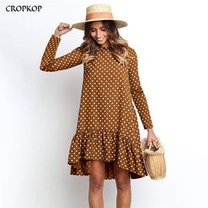 Women Autumn Dress Fashion Polka Dot Chiffon Dress Long Sleeve O Neck Ruffle Female Casual Yellow Dress 2019 Retro Vestido Mujer