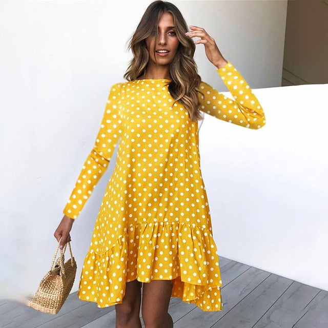 Women Autumn Dress Fashion Polka Dot Chiffon Dress Long Sleeve O Neck Ruffle Female Casual Yellow Dress 2019 Retro Vestido Mujer