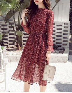 Women chiffon dress 2019 spring autumn female elegant vintage long sleeve dot pleated dress office lady casual loose dresses