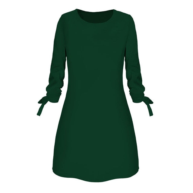 Ladies One-pieces Dress Solid Color Rounded Neck Long Sleeves Casual Dress for Spring Autumn IK88