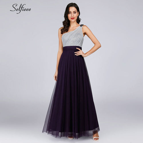 New Elegant Purple Women Summer Dress Robe Femme Sexy One Shoulder Backless Sequined Party Dress For Ladies Long Maxi Dress 2019