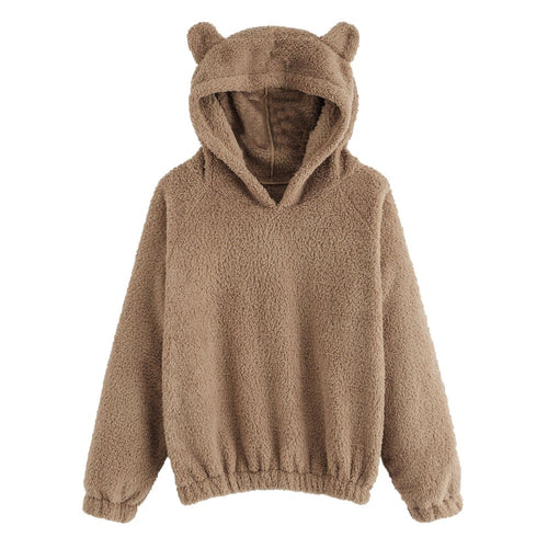 CALOFE Lovely Hoodies Bear Ears Women Solid Fleece Hoodie Autumn Winter Plush Warm Pullovers Campus Preppy Casual Sweatshirts