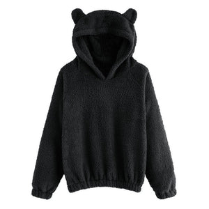 CALOFE Lovely Hoodies Bear Ears Women Solid Fleece Hoodie Autumn Winter Plush Warm Pullovers Campus Preppy Casual Sweatshirts