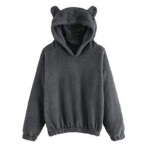 CALOFE Lovely Hoodies Bear Ears Women Solid Fleece Hoodie Autumn Winter Plush Warm Pullovers Campus Preppy Casual Sweatshirts