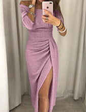 Load image into Gallery viewer, Long Sexy Off Shoulder Party Dress Women High Slit Bodycon Shein Dress Autumn Three Quarter Sleeve Bright Silk Shiny Dress