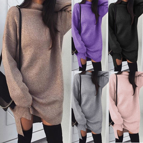 Europe and America Women's fashion Autumn Winter Long Sleeve Solid Turtleneck Dress Warm Knitted Split Dress Soft Cotton Dresses