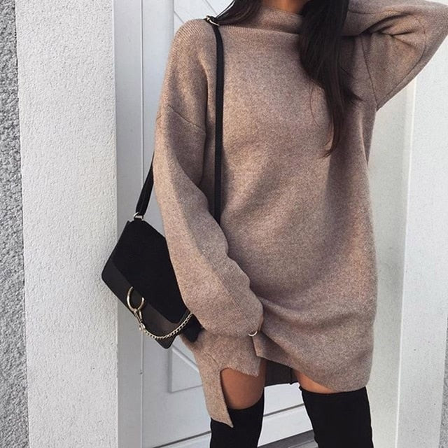 Europe and America Women's fashion Autumn Winter Long Sleeve Solid Turtleneck Dress Warm Knitted Split Dress Soft Cotton Dresses