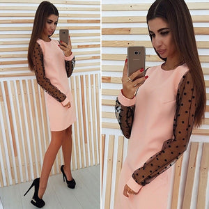 Elegant Ladies Polka Dot Mesh Patchwork Dress 2018 Women Casual Straight O-Neck Long Sleeve Autumn Dress Vestidos 5