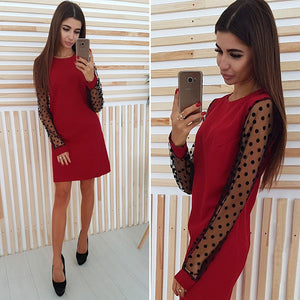 Elegant Ladies Polka Dot Mesh Patchwork Dress 2018 Women Casual Straight O-Neck Long Sleeve Autumn Dress Vestidos 5