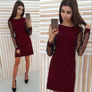 Elegant Ladies Polka Dot Mesh Patchwork Dress 2018 Women Casual Straight O-Neck Long Sleeve Autumn Dress Vestidos 5