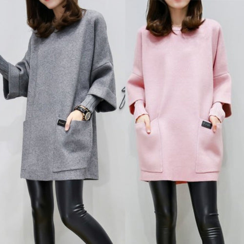 ROPALIA Autumn Loose Solid Hoodie Women Long Hoodies Pockets Outerwear Pink Gray Fleece Long Sweatshirt M-4XL T7