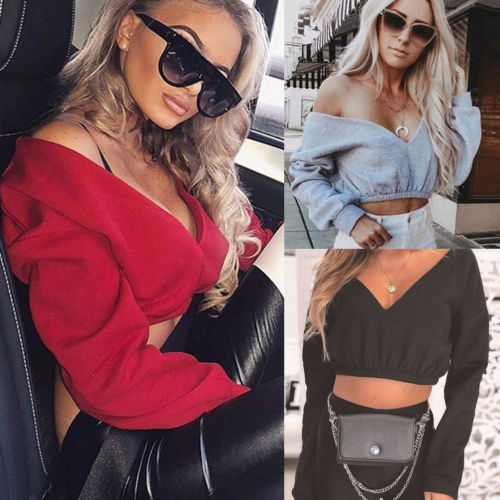 New Fashion Sexy Women Autumn Crop Hoodies Long Sleeve Casual Female Cotton Sweatshirts Deep-V Neck Off Shoulder Street Wear