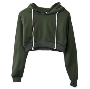 New Women Plain Hoodies Crop Top Solid Color Long Sleeve Ladies Hooded Pullover Summer Autumn Fashion Girl Sweatshirts Clothing